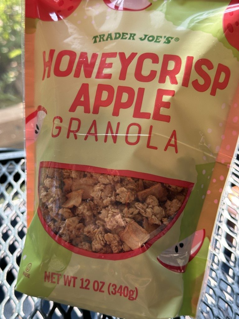 A close-up photo of the front of a Honeycrisp Apple Granola bag from Trader Joe's.