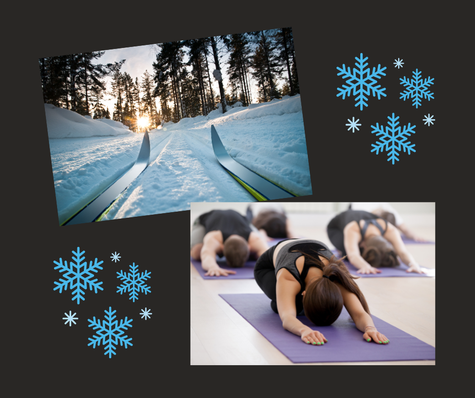 A graphic with cross country skis and a yoga class