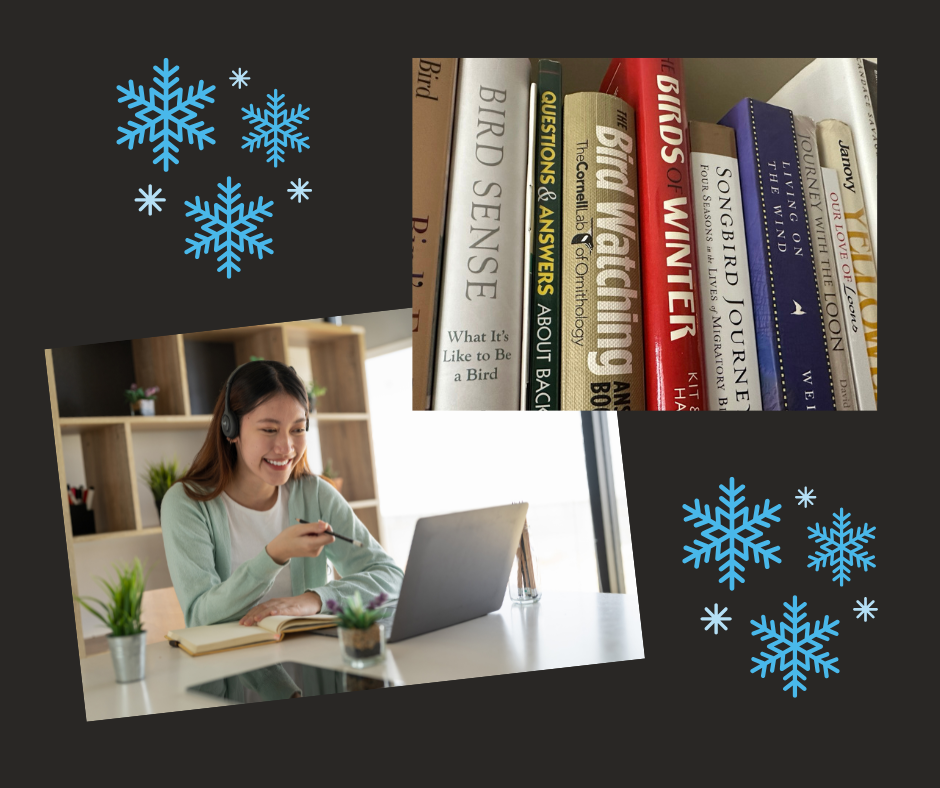 a graphic with a bookshelf full of bird books and a person taking an online class